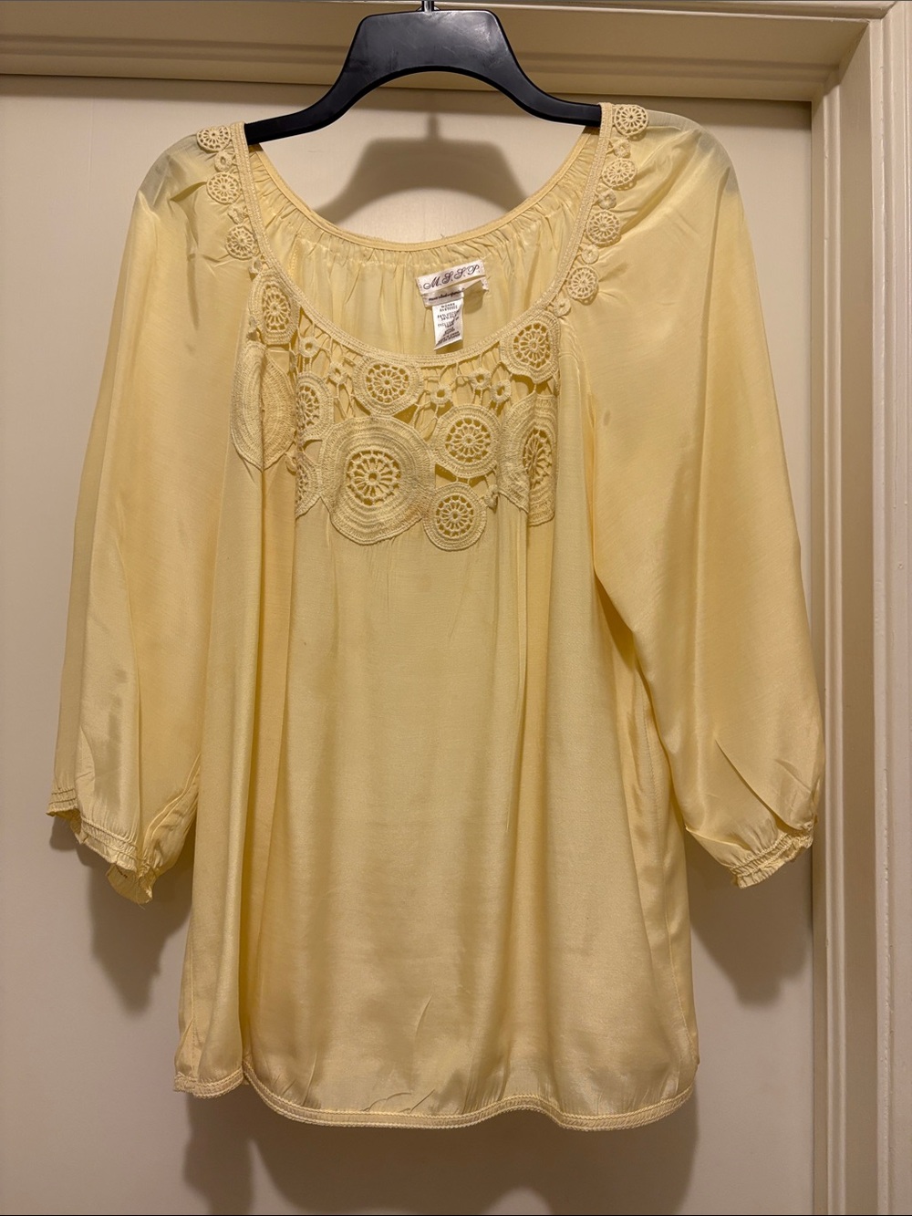 Crochet Yoke Peasant Blouse in Soft Yellow